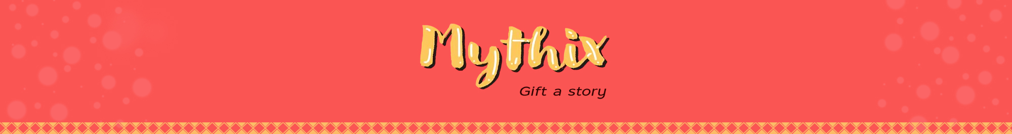 The logo of Mythix banner website. The logo has a lettering design in yellow color. Red background with pink soft bubbles on both sides. An yellow diamond pattern on the bottom edge.