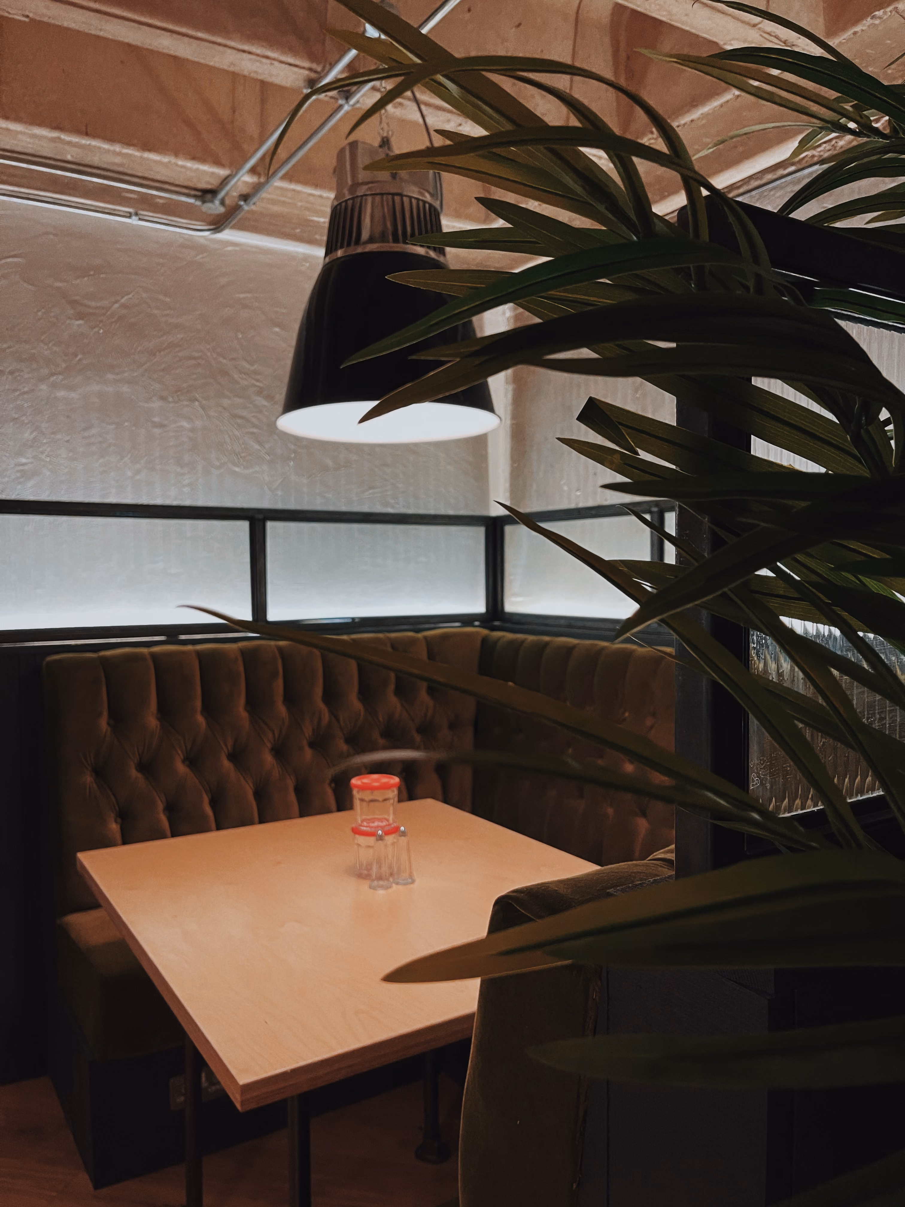 A cosy corner booth framed by palm leaves at Ezra & Gil Peter Street