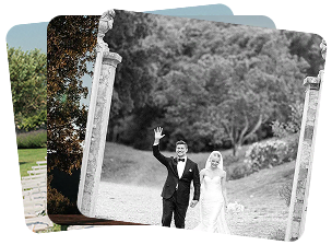 Mix de photos : entrée des mariés, photo des mariés et cérémonie de mariage