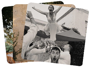 Mix de photos : entrée des mariés, photo des mariés et cérémonie de mariage