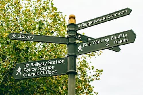 Grünes Straßenschild mit mehreren Richtungsweisern, Symbol für Wegwahl und Orientierung – Bild für die Kategorie Entscheidung im christlichen Blog.