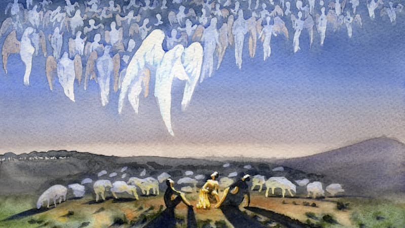 Hirten auf dem Feld mit Schafen, umgeben von einer Engelschar; ein großer Engel über ihnen kündigt die Geburt von Jesus laut Lukas 2, 8-12 an.