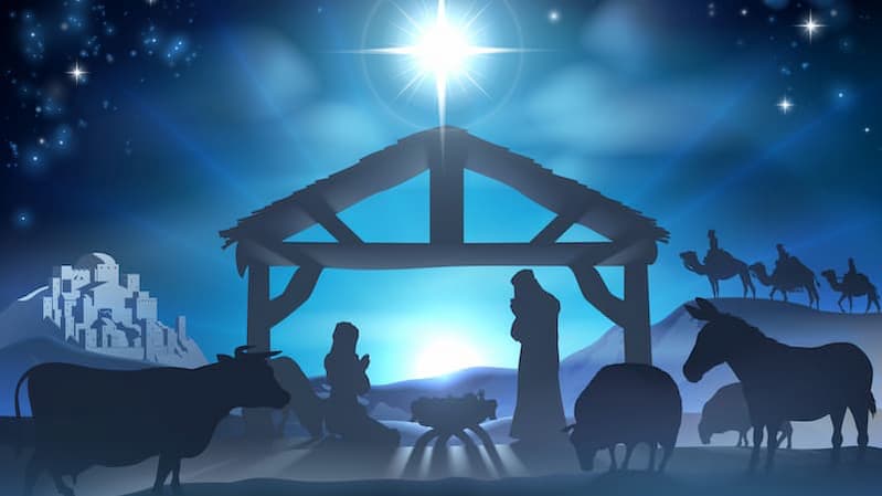 Weihnachtskrippe mit Stall, Jesus, Maria, Josef, Tieren und Heiligen Drei Königen im Hintergrund – symbolisiert die wahre Bedeutung von Weihnachten Wahrheit.
