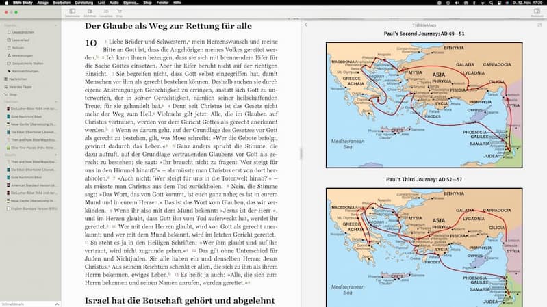 Screenshot der Bible Study App mit Bibeltext und Landkarten – welche Bibelübersetzung digital lesen