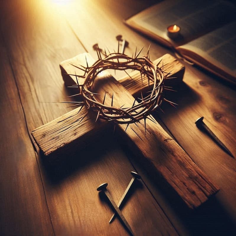 Jesus Kreuzigung Symbol: Holzkreuz mit Dornenkrone, Nägeln und Bibel im Licht