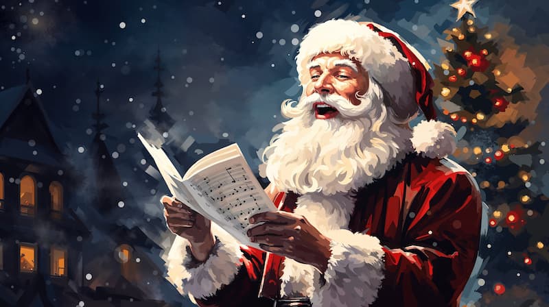 Nikolaus singt christliche Weihnachtslieder, hält Notenblätter in der Hand, im Hintergrund Tannenbaum, Haus und winterliche Atmosphäre