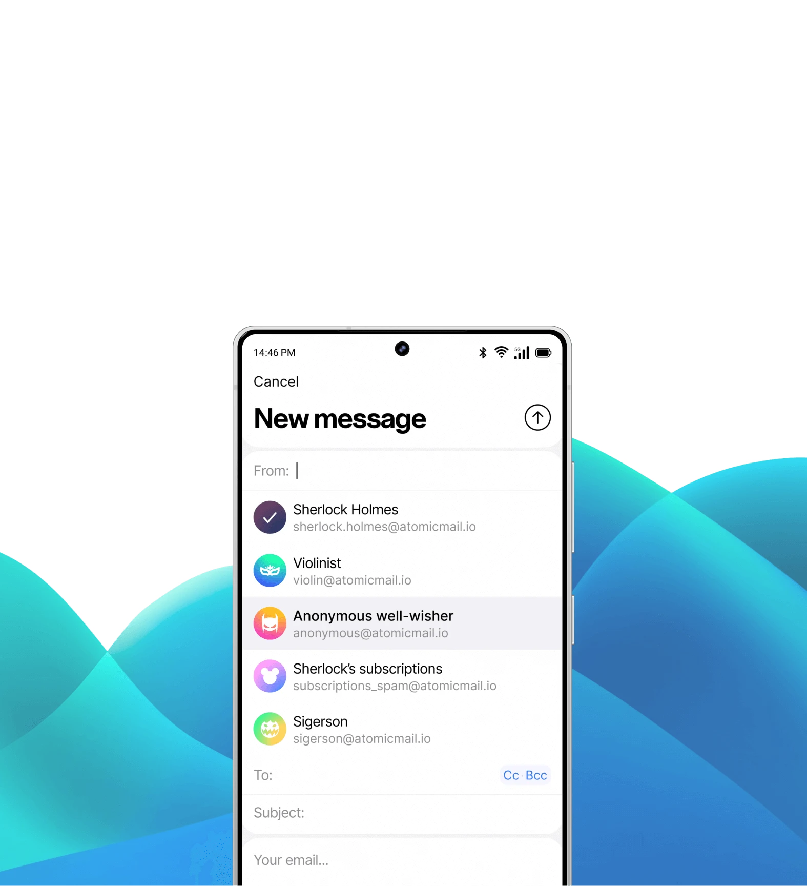 Atomic Mail on an Android phone: new message screen with alias addresses in the From field