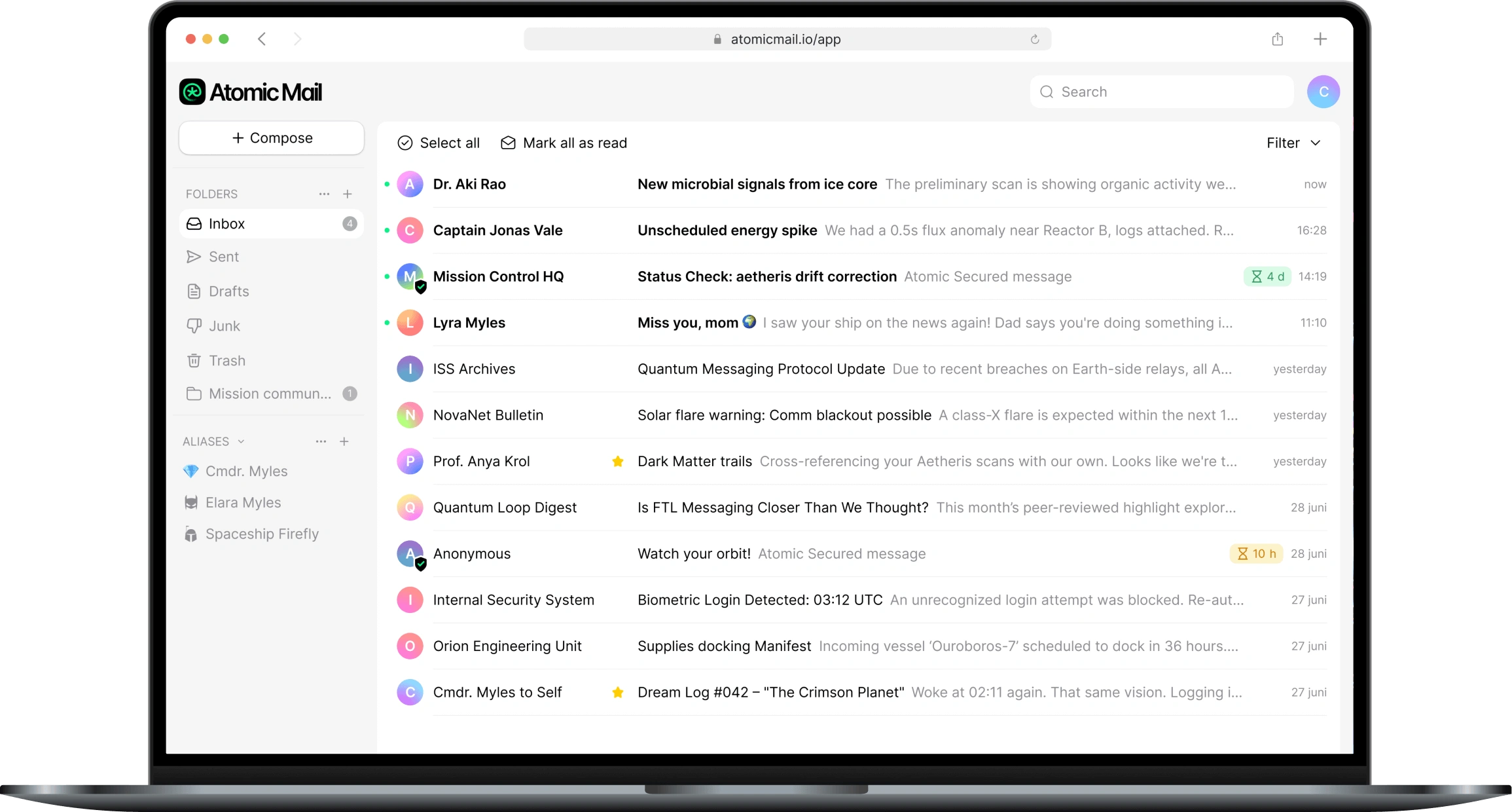 Atomic Mail inbox on a MacBook