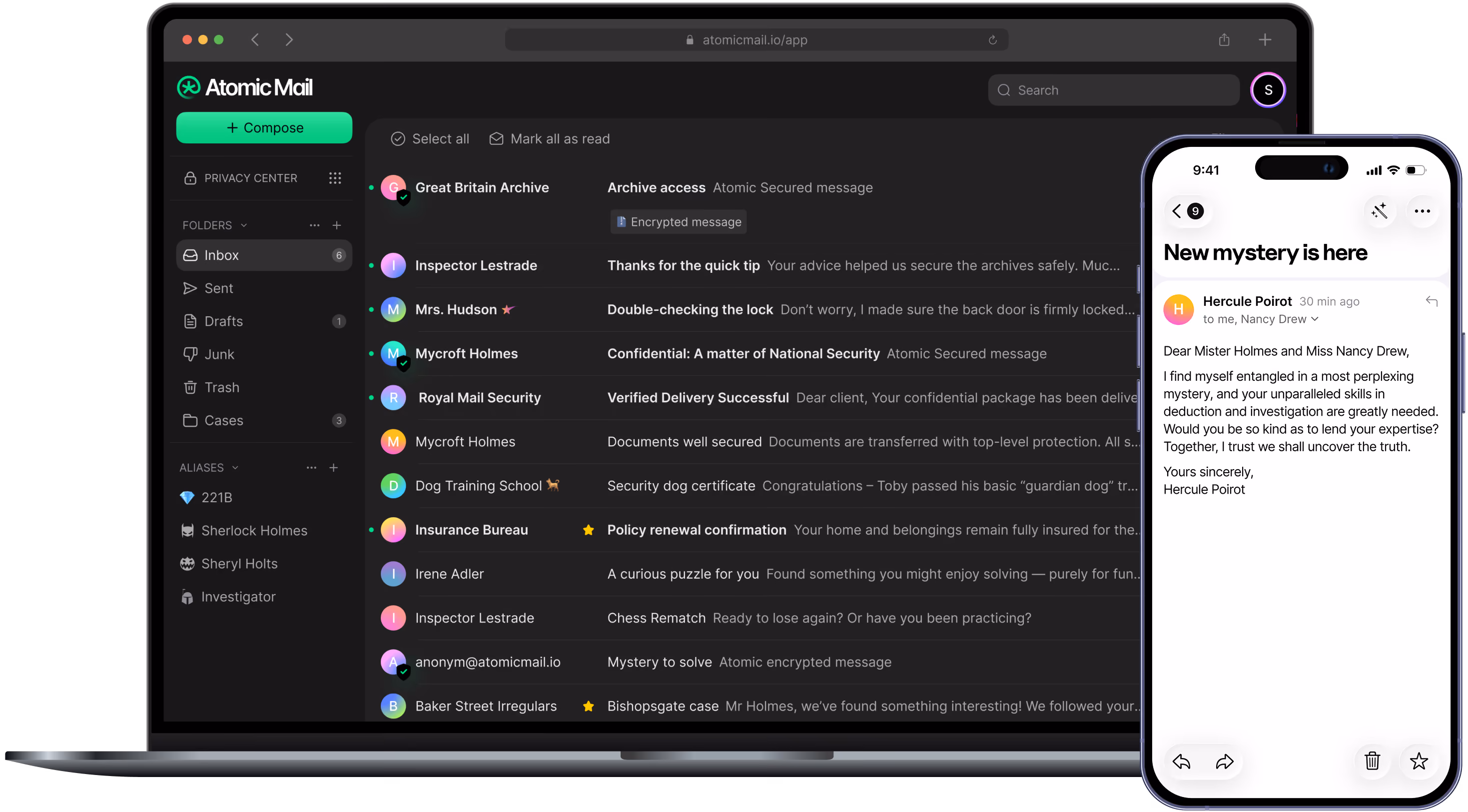 Atomic Mail Business inbox on desktop and mobile