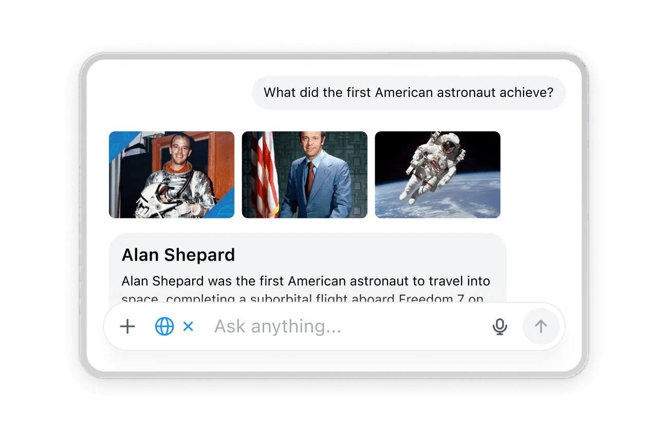 AI web search answer with photos and a short summary