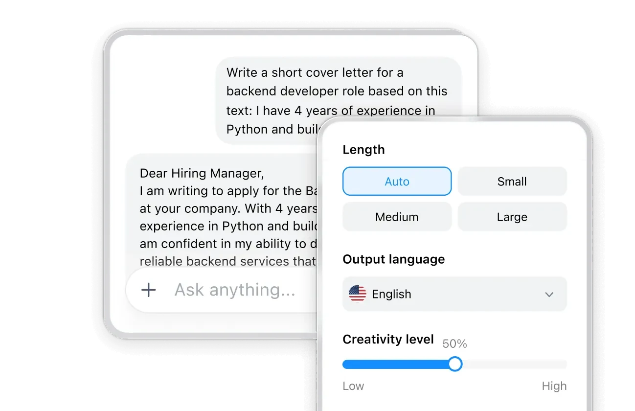 AI text writer drafting a cover letter with length, language and creativity settings