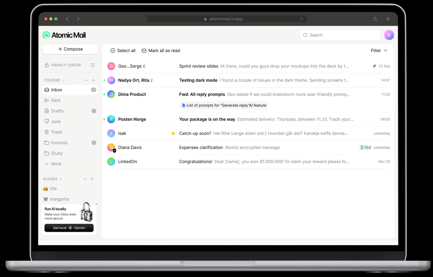 Atomic Mail web app inbox on a laptop