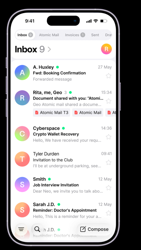 Atomic Mail inbox on iPhone