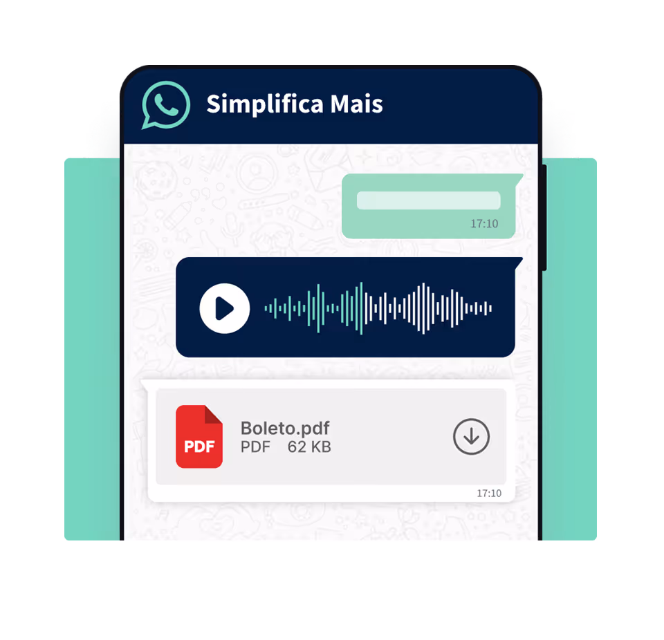 Tela de conversa no WhatsApp ilustrando as possibilidades da funcionalidade de atendimento. Mensagem de áudio, envio de arquivos e mais.