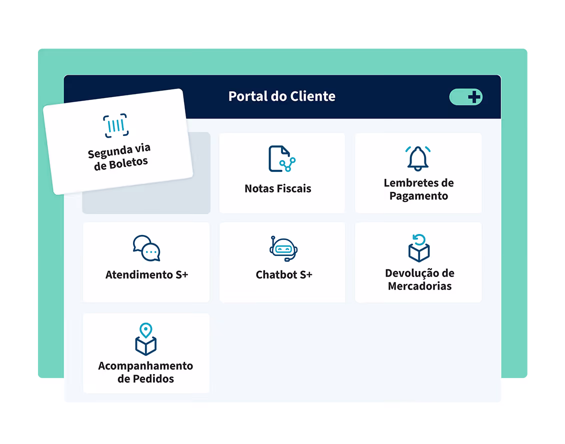 Interface do Portal do Cliente com opções: Segunda via de Boletos, Notas Fiscais, Lembretes de Pagamento, Atendimento S+, Chatbot S+ e Devolução e Acompanhamento de Pedidos.