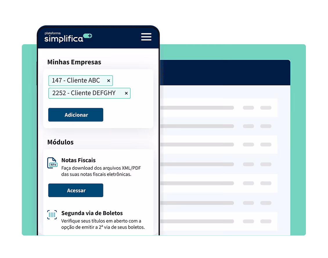 Tela de interface mobile da plataforma Simplifica Mais mostrando botões para acessar funcionalidades de Notas Fiscais e segunda via de Boletos.