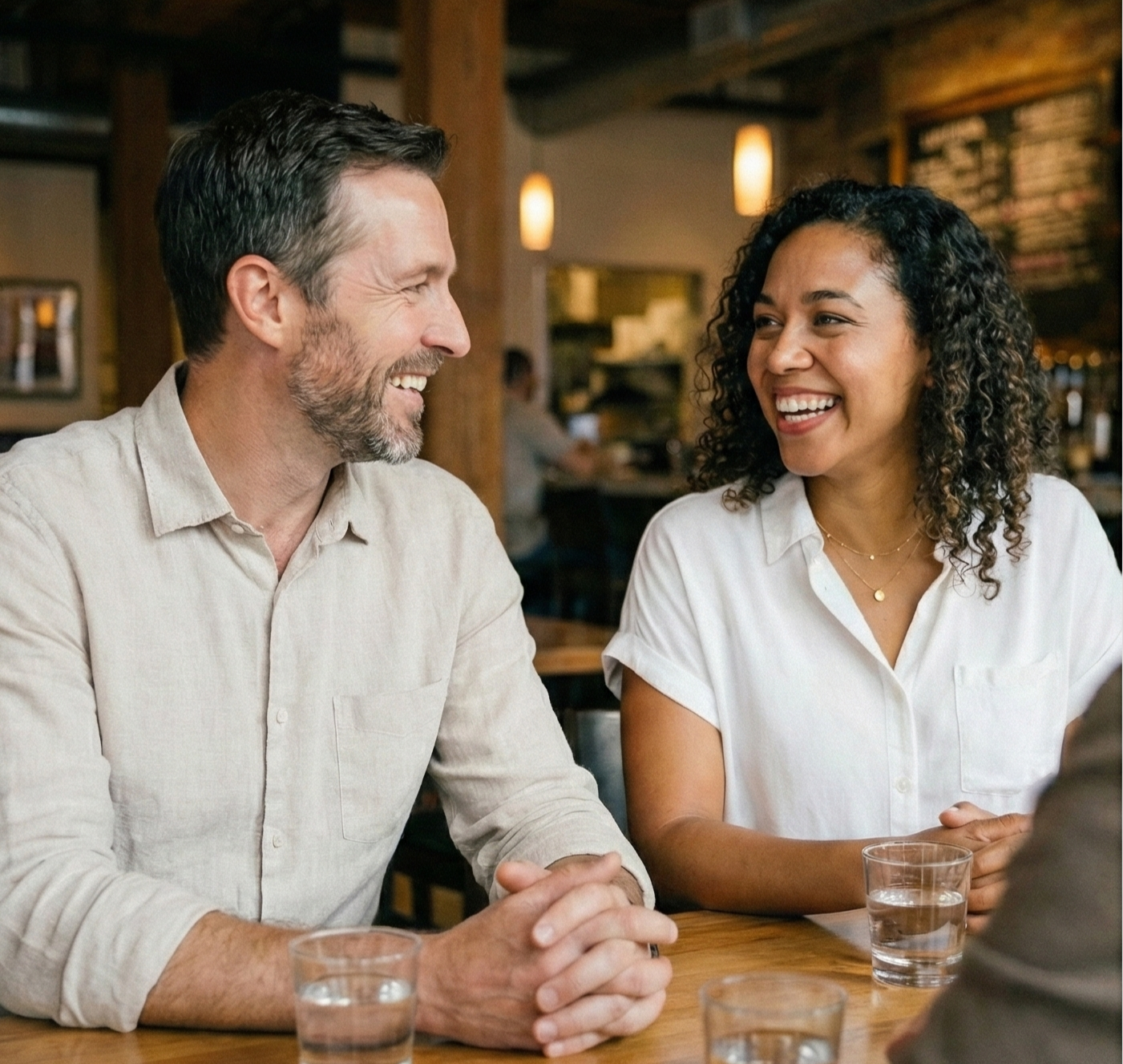 Un homme et une femme souriants discutent assis à une table en bois dans un café chaleureux.