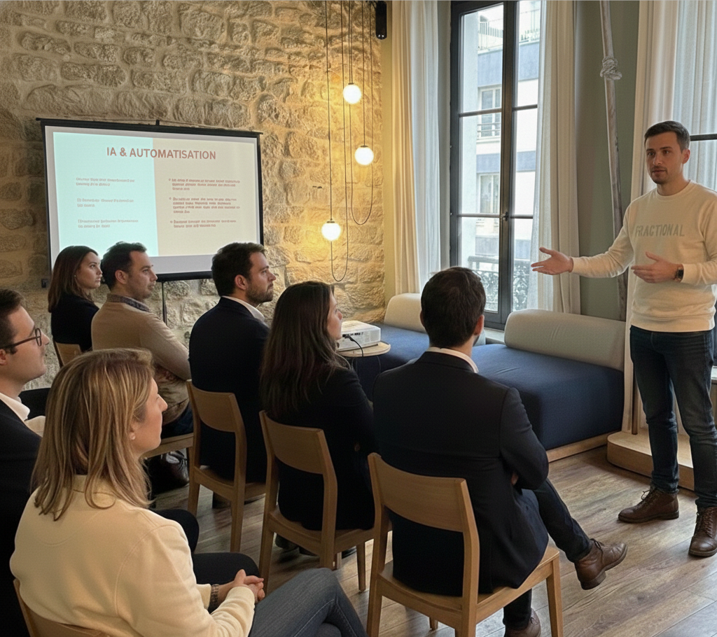 Une personne présente un exposé sur l'IA et l'automatisation à un groupe de sept personnes assises dans une salle avec un mur en pierre, un écran de projection et une grande fenêtre.