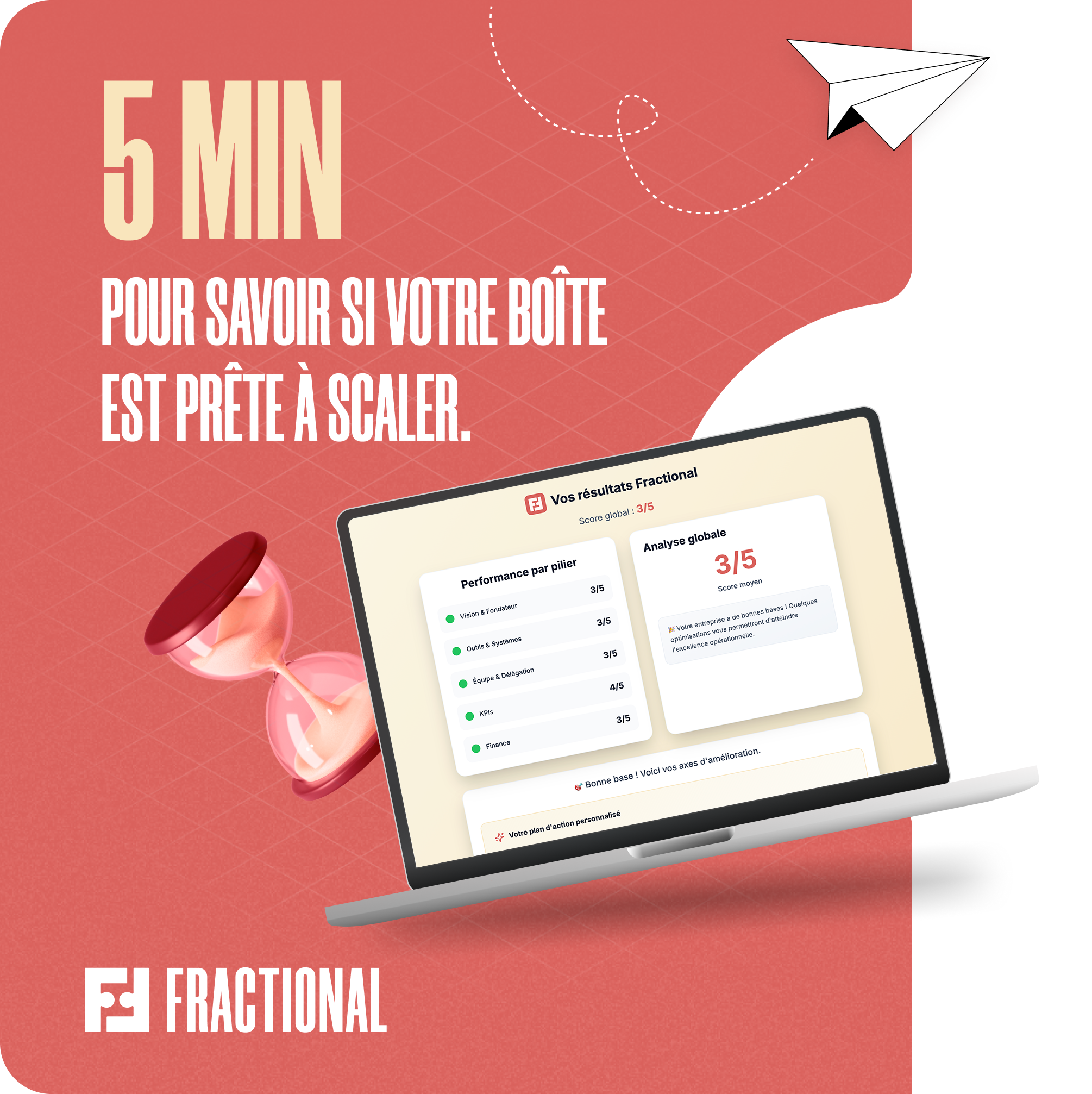 Résultats Fractional avec score global de 3 sur 5, performances par pilier montrant 3 sur 5 pour Vision, Outils et Équipe, 1 sur 5 pour KPIs, 5 sur 5 pour Finance, analyse globale avec message d'optimisation et options pour réserver un appel, découvrir des cas clients ou reprendre le diagnostic.