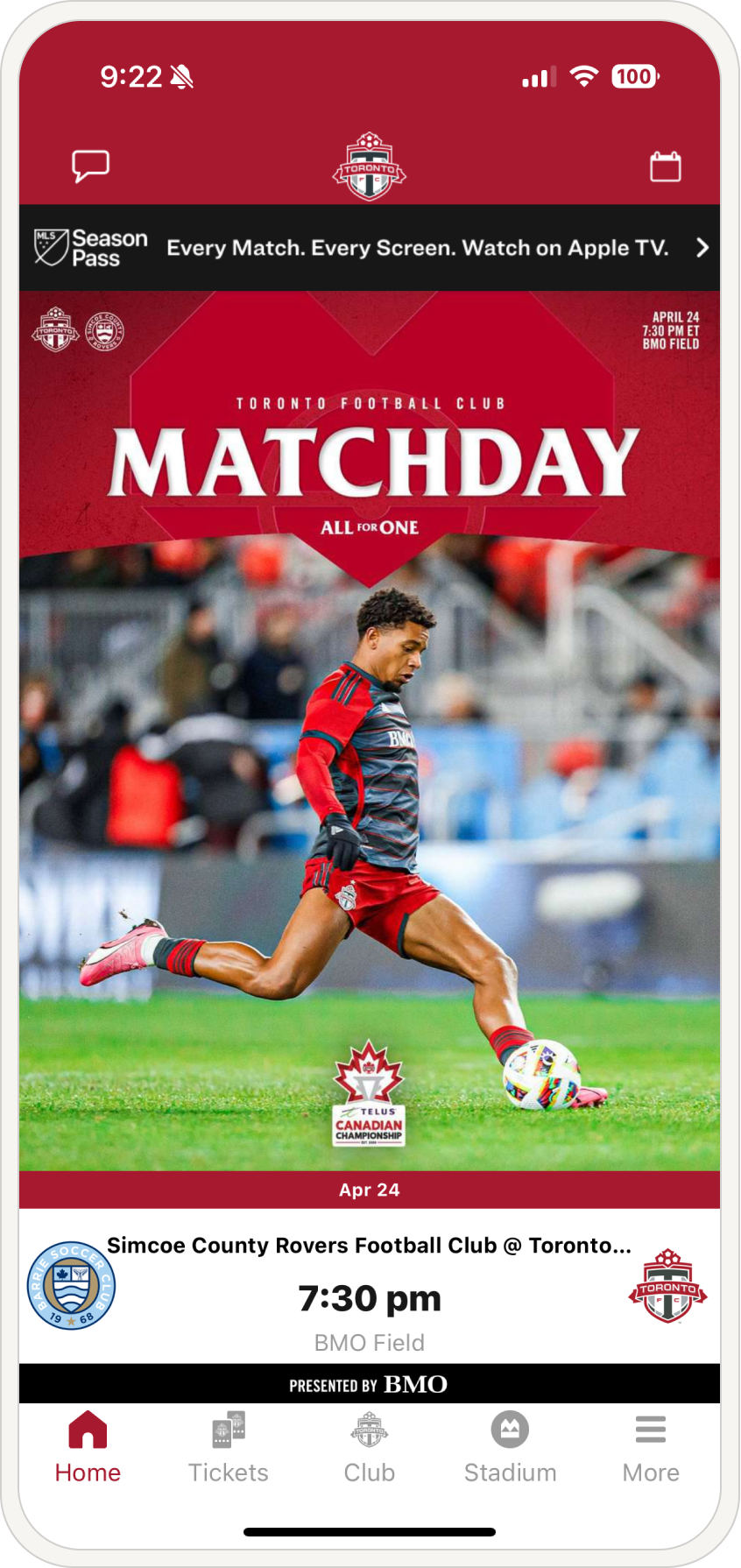 Before: Toronto FC app home screen dominated by a large hero image