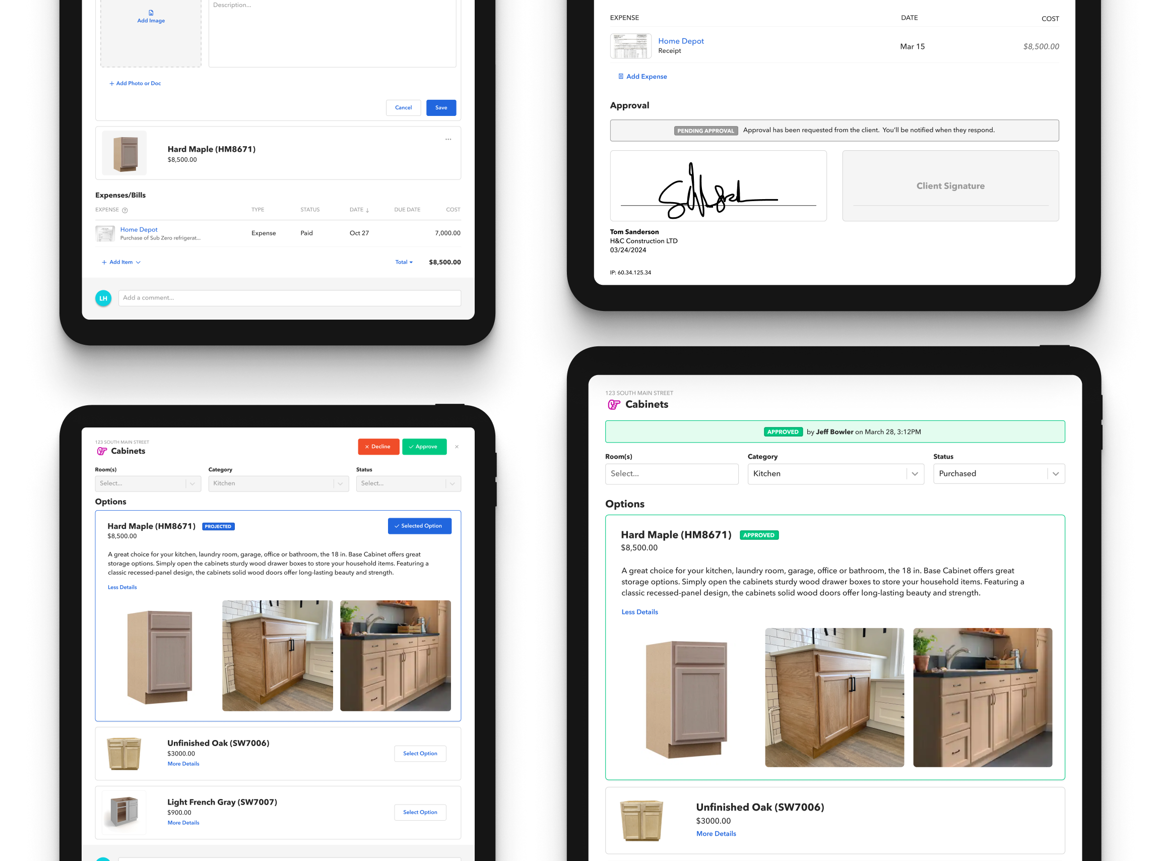 The finished approvals and selections screens across mobile and desktop