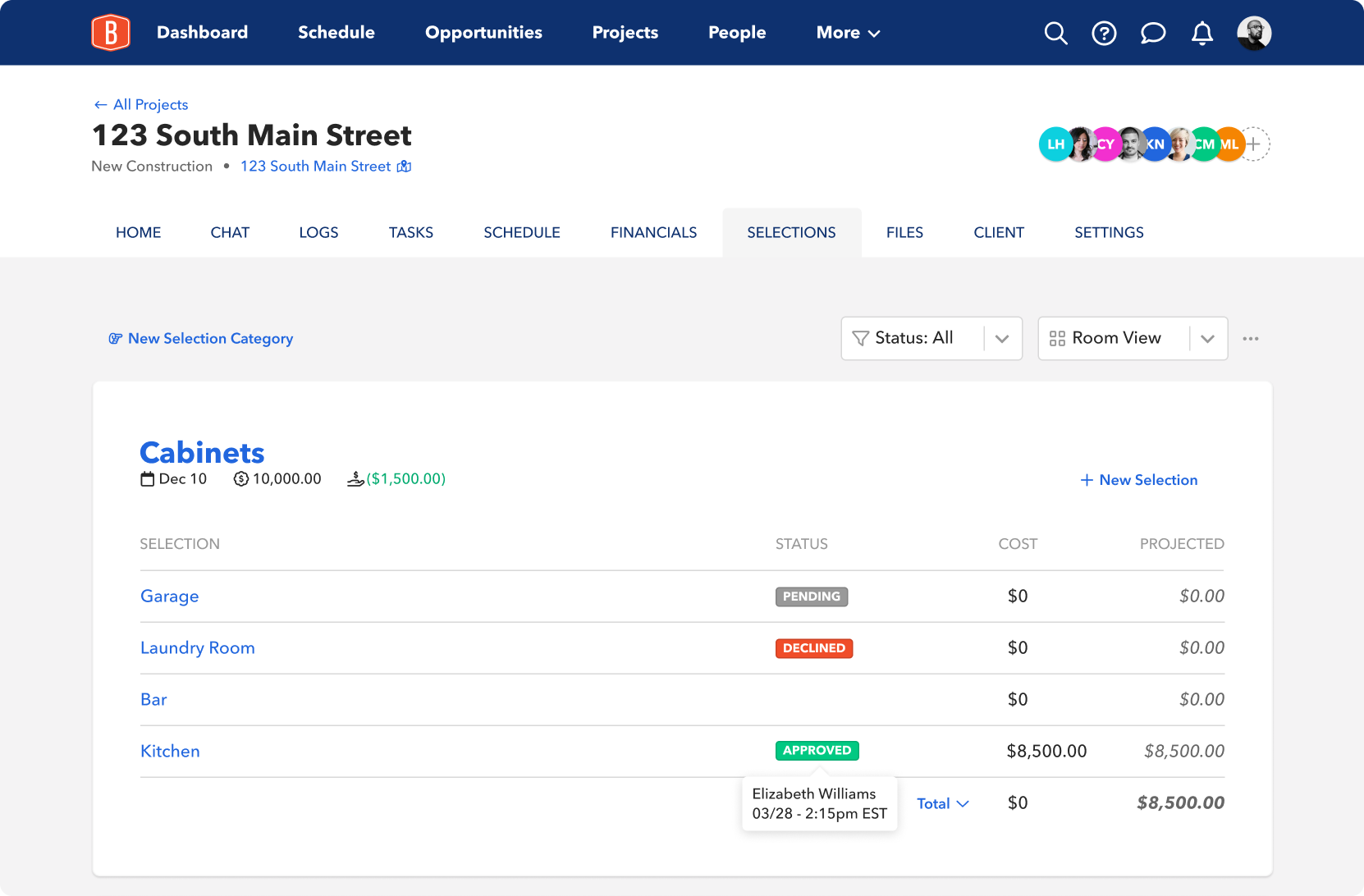 Builder view of selections with a status column