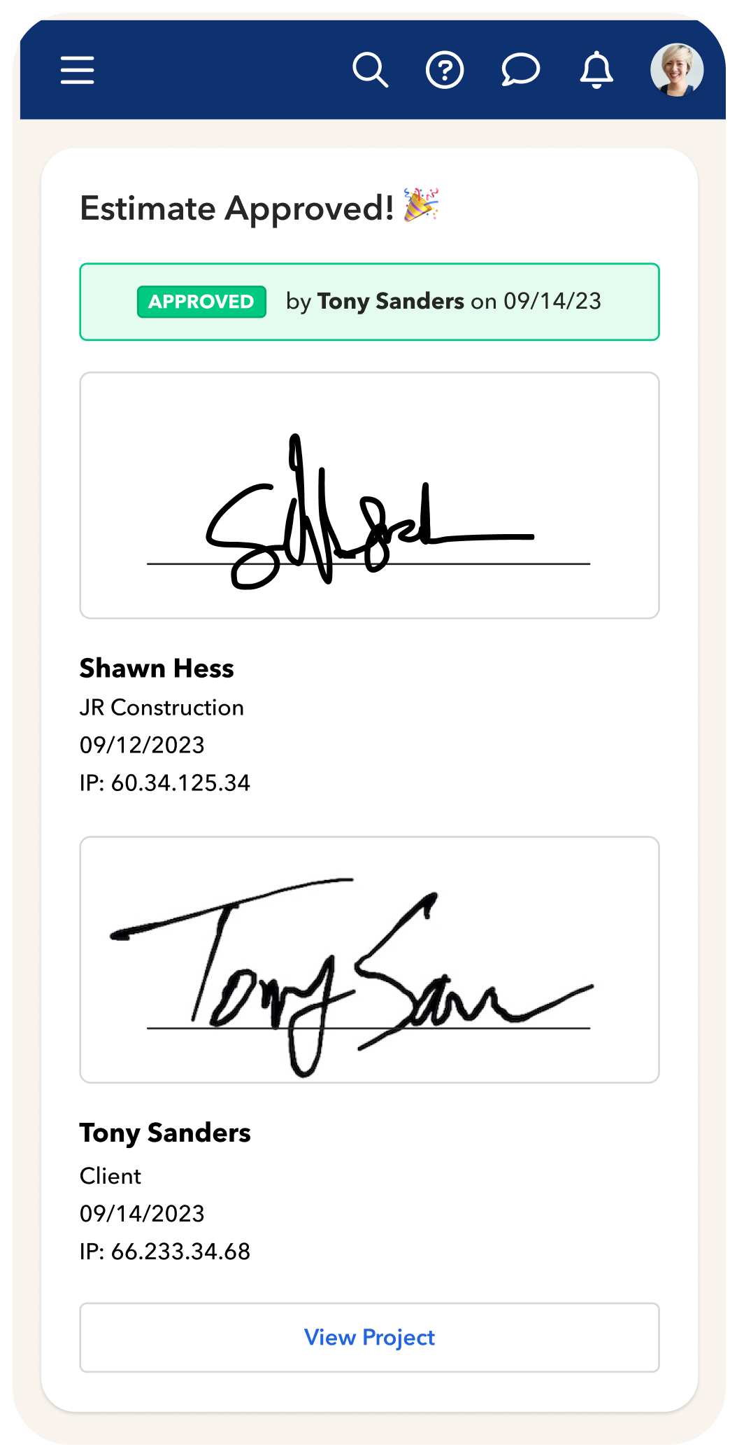 Mobile client view showing an approved estimate