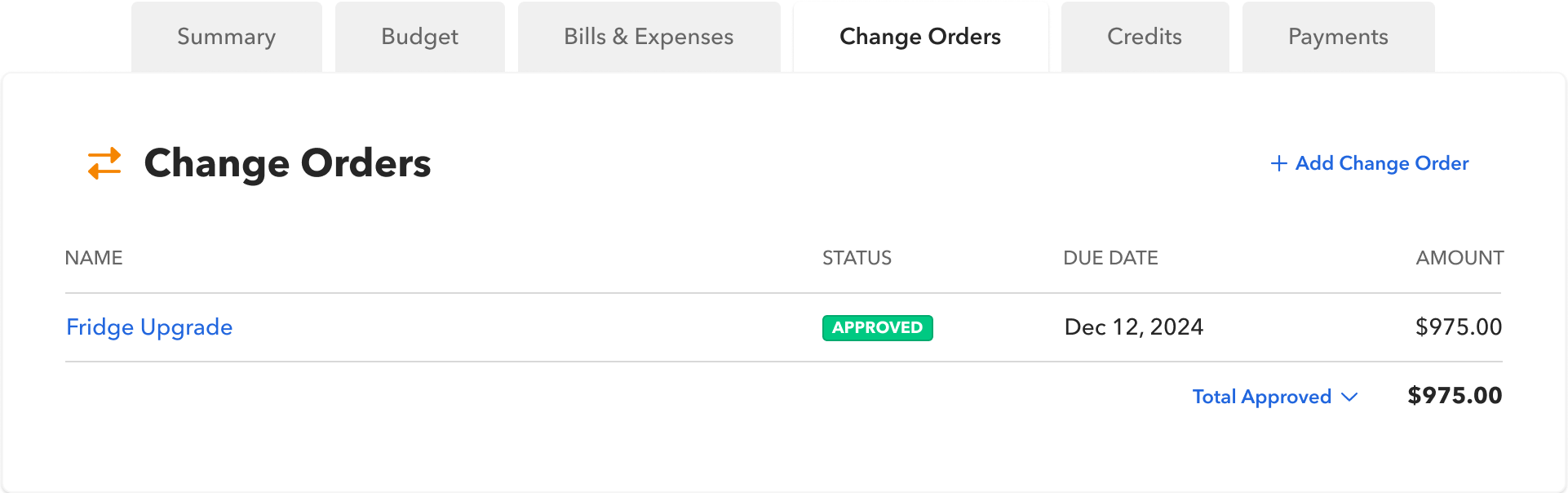Builder view of change orders with a status column