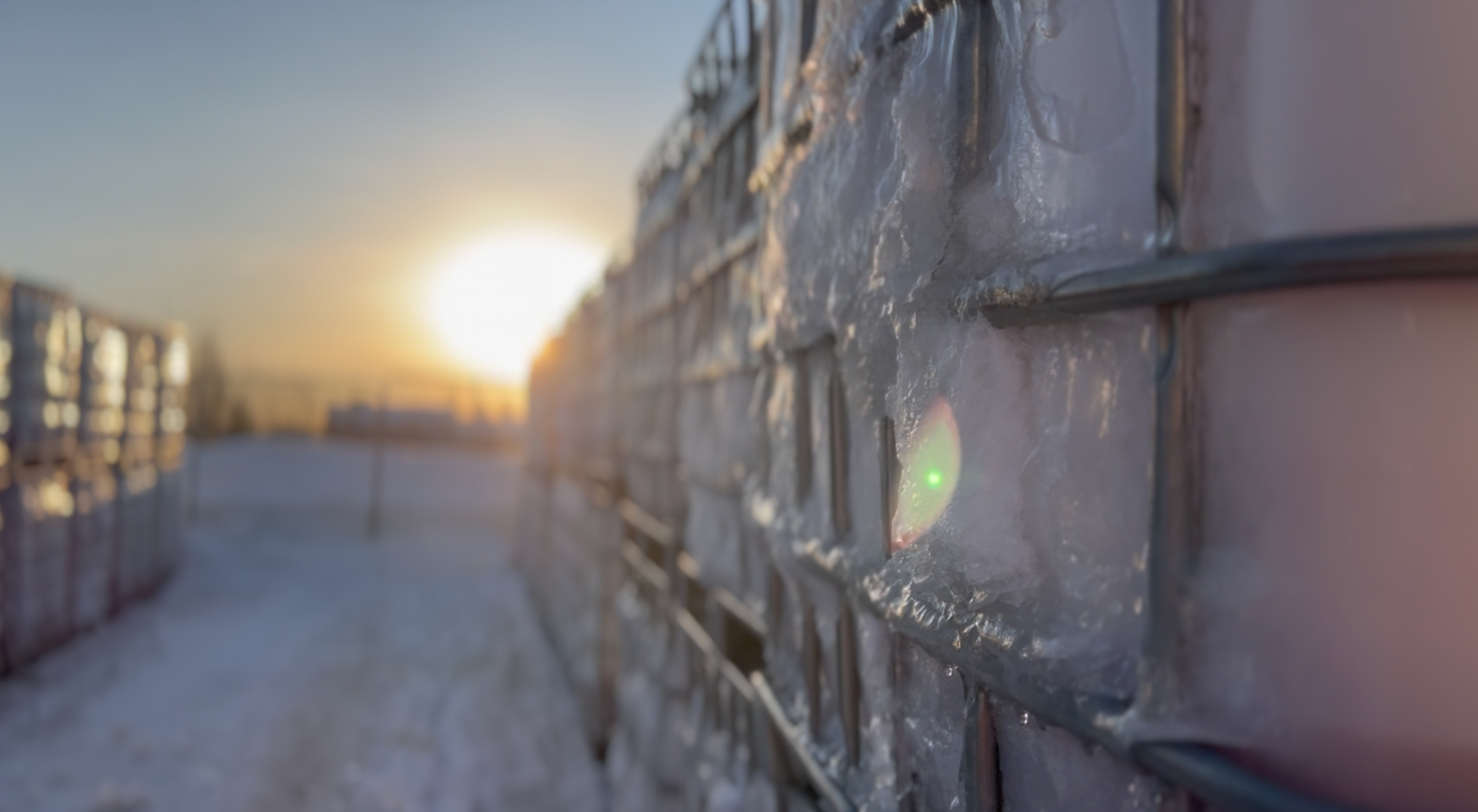 Frost-covered tanks outdoors in the winter light.