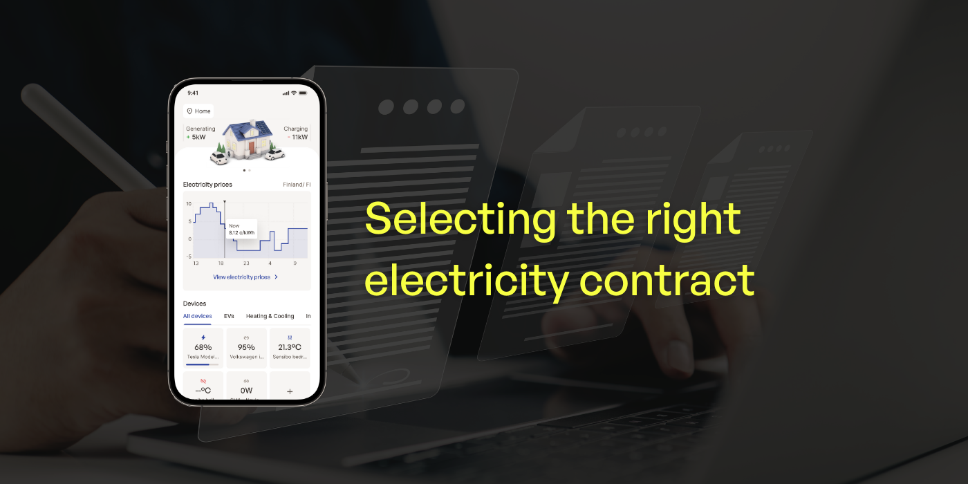 image with a phone screen showing Synergi app and text saying "Selecting the right electricity contract"