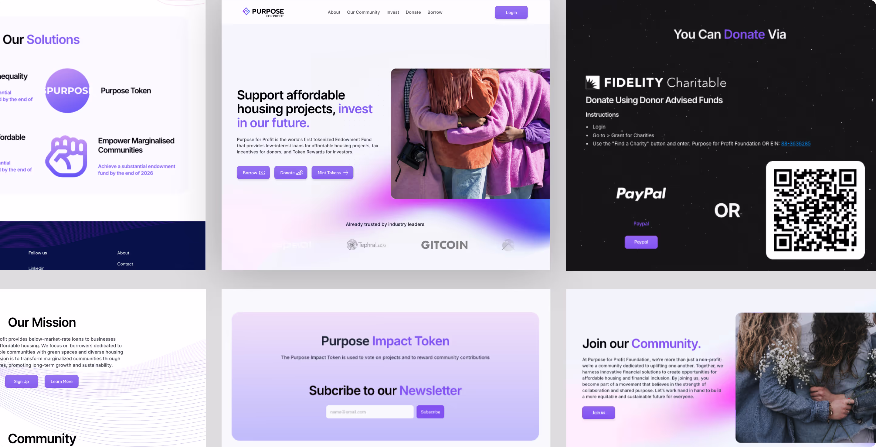 Website redesign for Purpose for Profit, featuring the homepage and Lend page, emphasizing blockchain innovation for affordable housing and sustainable development in ESG initiatives