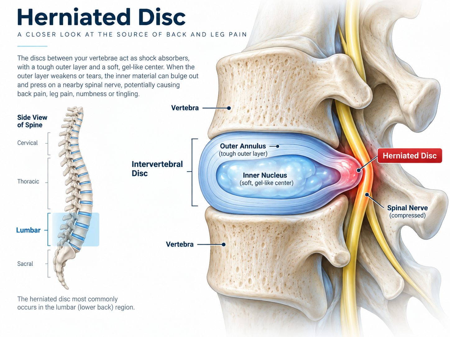 Anatomical diagram of a herniated disc showing the vertebra, outer annulus, inner nucleus, and compressed spinal nerve in the lumbar region