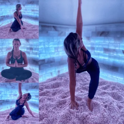 Four photos of a woman on a salt covered floor doing yoga positions in front of a LED backlit salt panel at Salt + Sweat – Rye Brook, New York.
