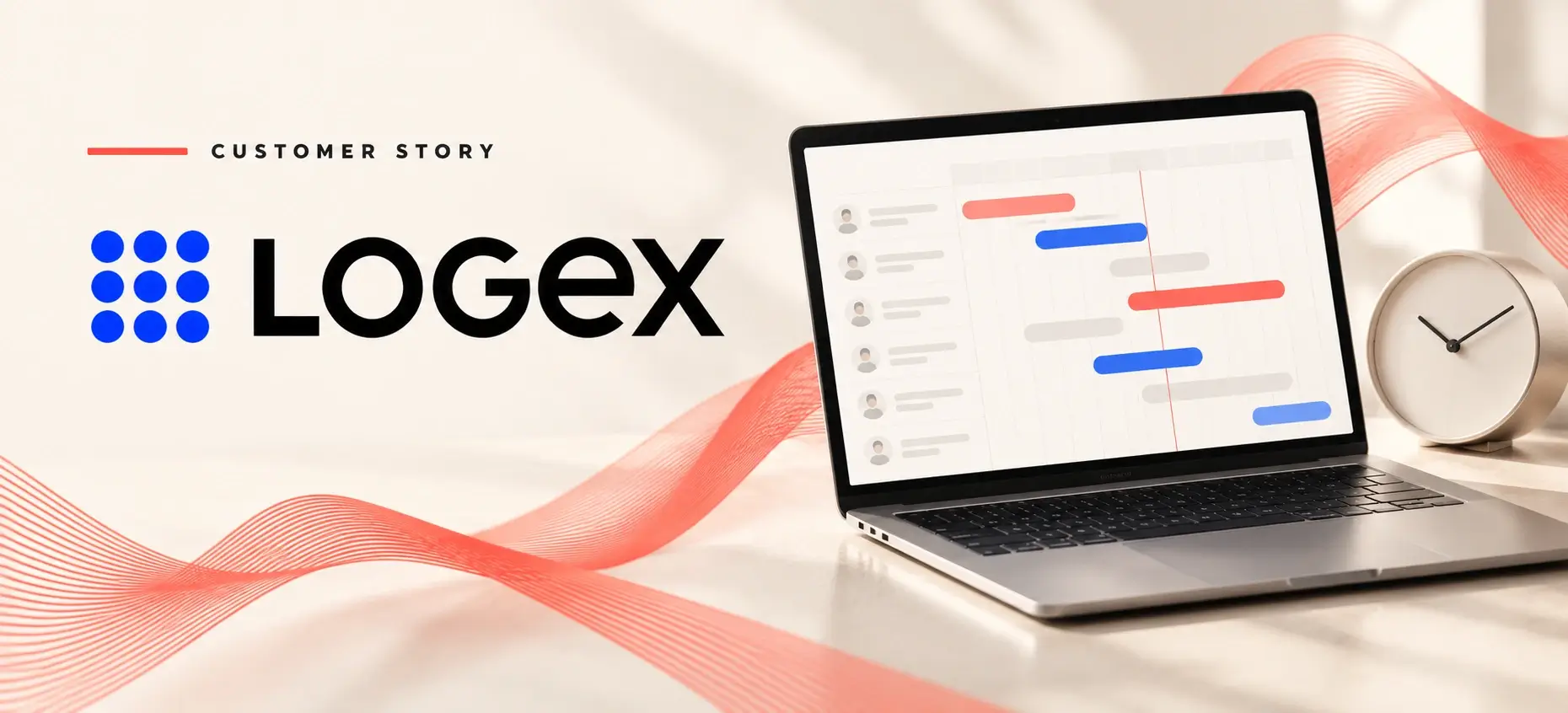 LOGEX customer story banner with the LOGEX logo, a laptop displaying a project timeline and a clock, with coral waves.