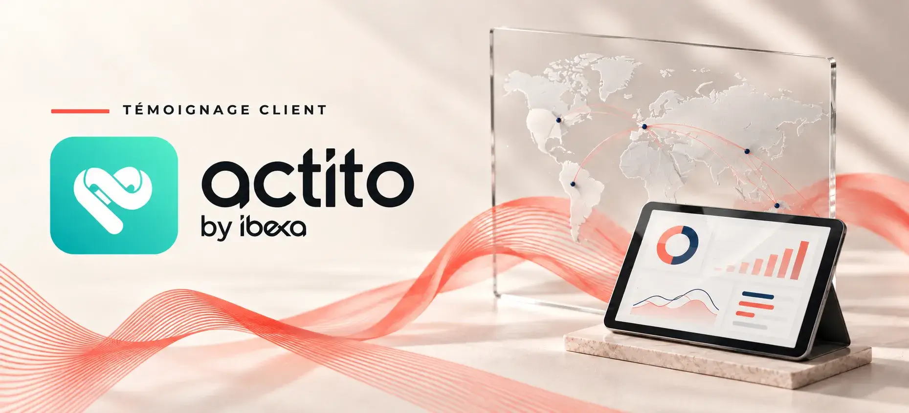 Bannière du témoignage client Actito avec le logo Actito, une carte du monde reliant plusieurs points et une tablette affichant des graphiques, sur fond d’ondes corail.
