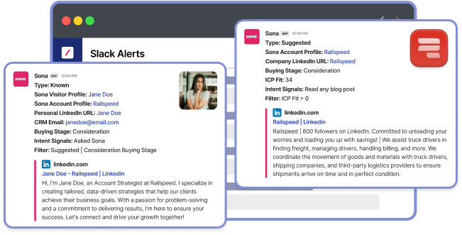 software interface showing a Slack integration for real-time alerts. The image includes a preview of the Slack notification with account details and a call to action to book a demo.
