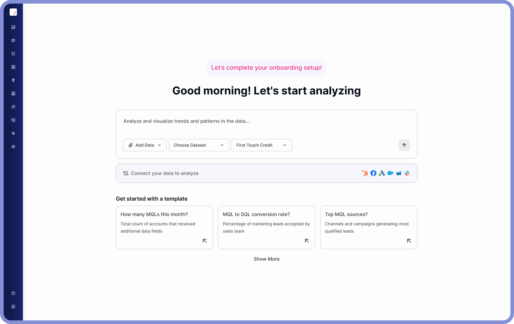 Dashboard interface of Sona analytics software showing onboarding progress, data connection options, and templates for marketing qualified leads, sales qualified leads, and opportunity created analysis.