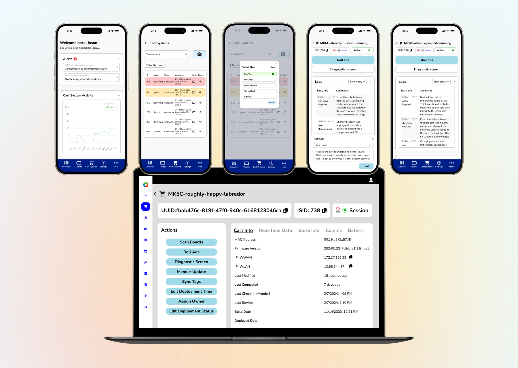 This picture shows a desktop screen and several mobile screens related to my redesign of Aisleworx Media's internal service site.