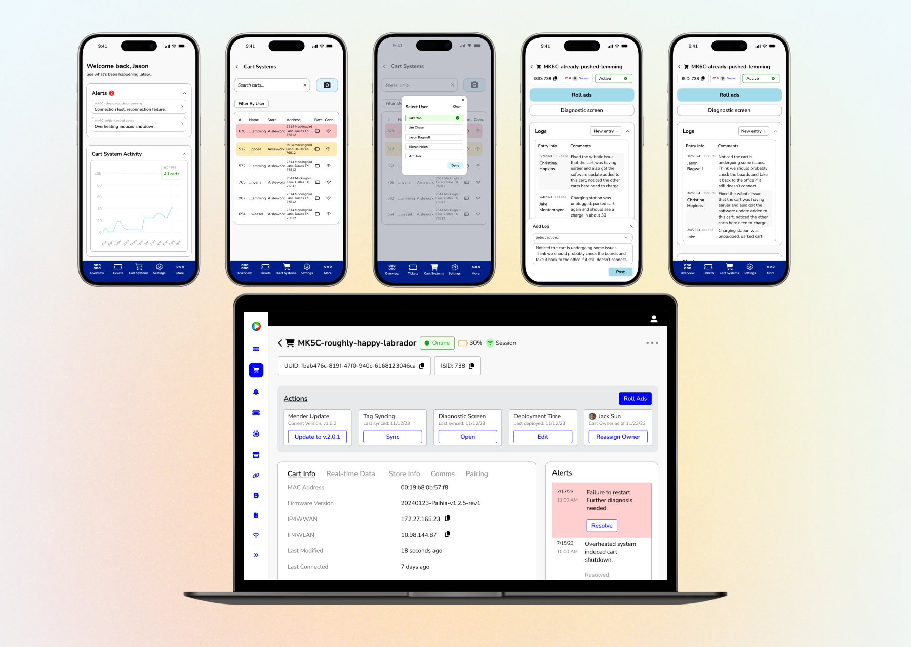 A desktop screen and several mobile screens of the redesigned internal site for Aisleworx Media