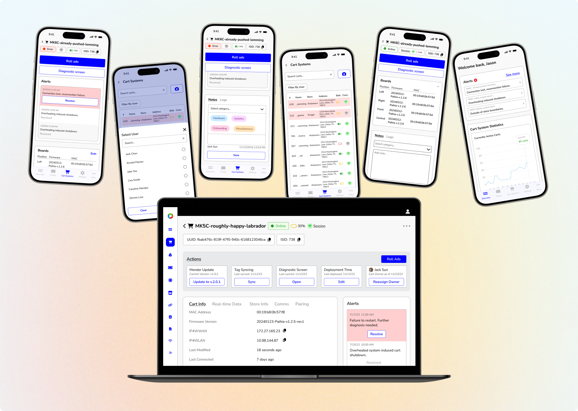 A desktop screen and several mobile screens of the redesigned internal site for Aisleworx Media