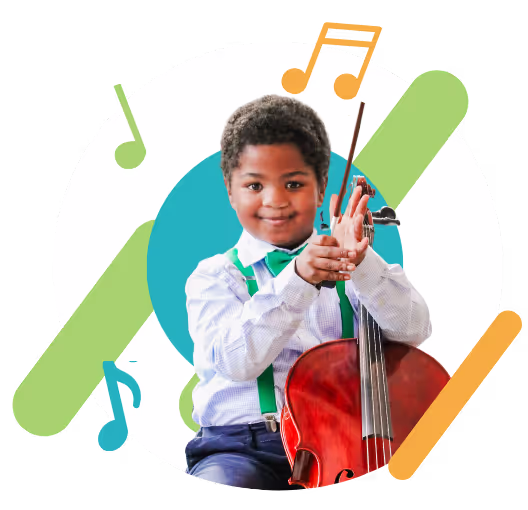 Image of a boy playing cello with a decorative colored splash background