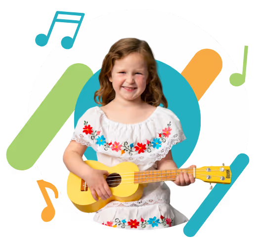 Image of a little girl holding a ukulele with a decorative colored splash background