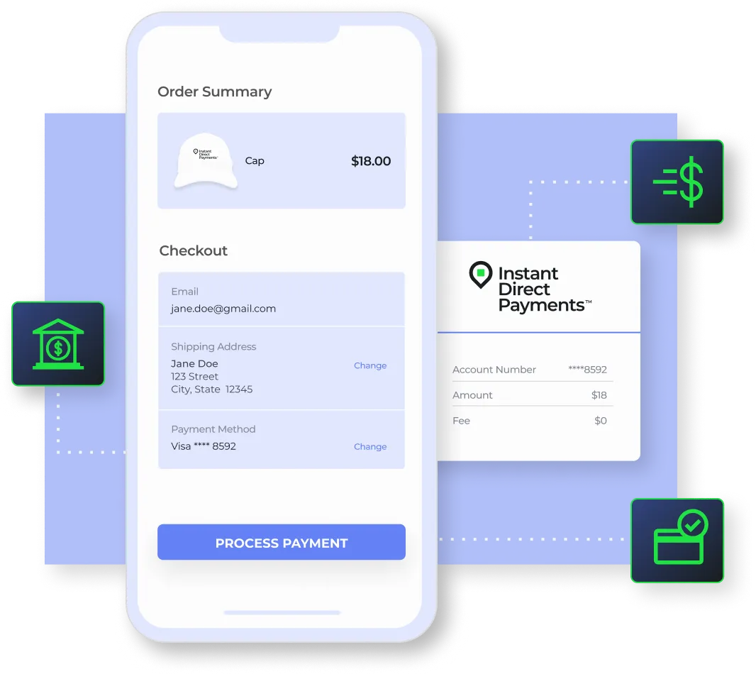 Mobile screen showing an order summary for a cap being purchased using Instant Direct Payments.