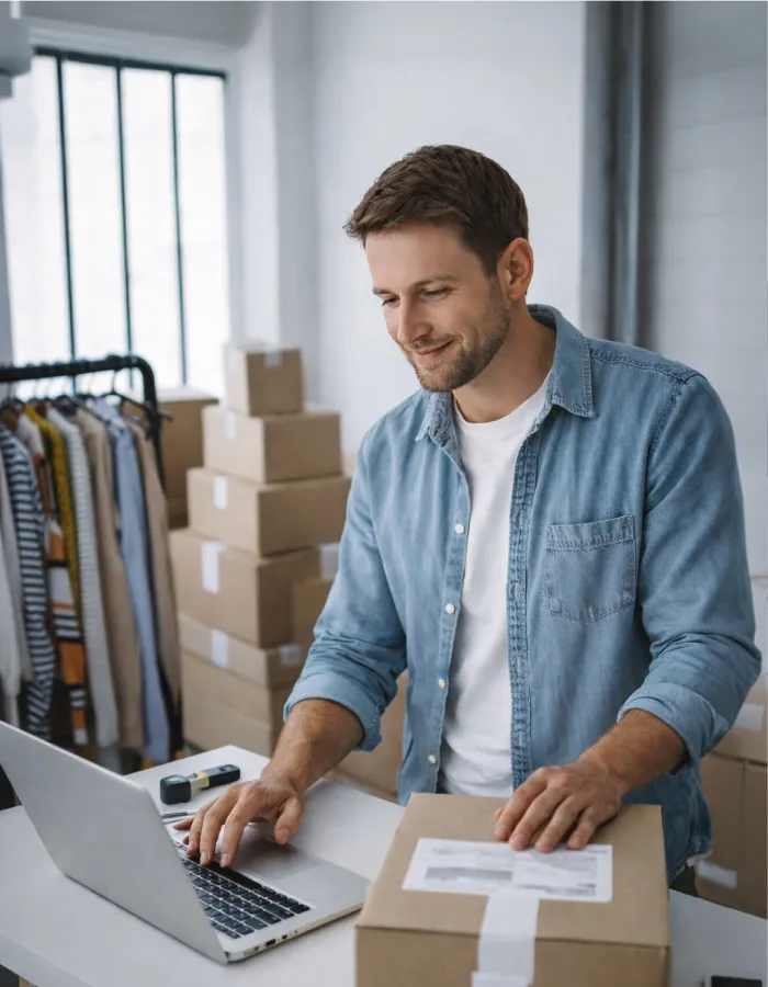 Business merchant processing shipping orders in her warehouse