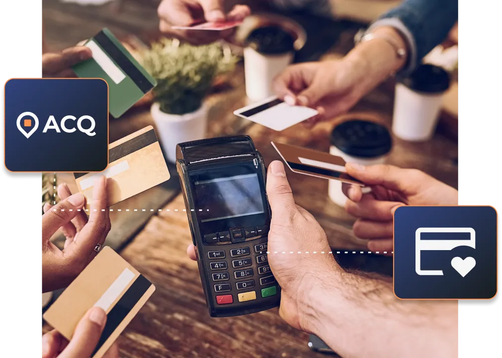 A hand holding a card reader, using ACQ: Acquiring to accept multiple payments.