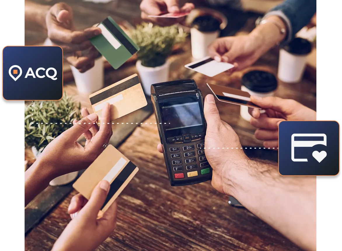 A hand holding a card reader, using ACQ: Acquiring to accept multiple payments.