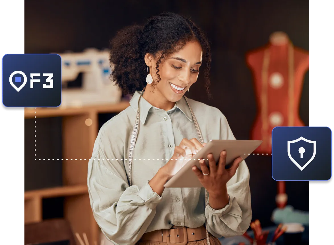 A woman who uses F3 to protect her transactions looking at a tablet.