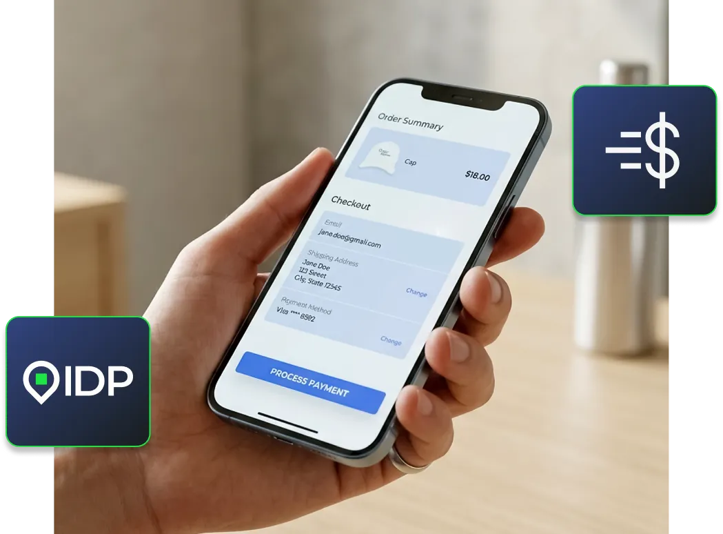A hand holding a phone and making a purchase using Instant Direct Payments.