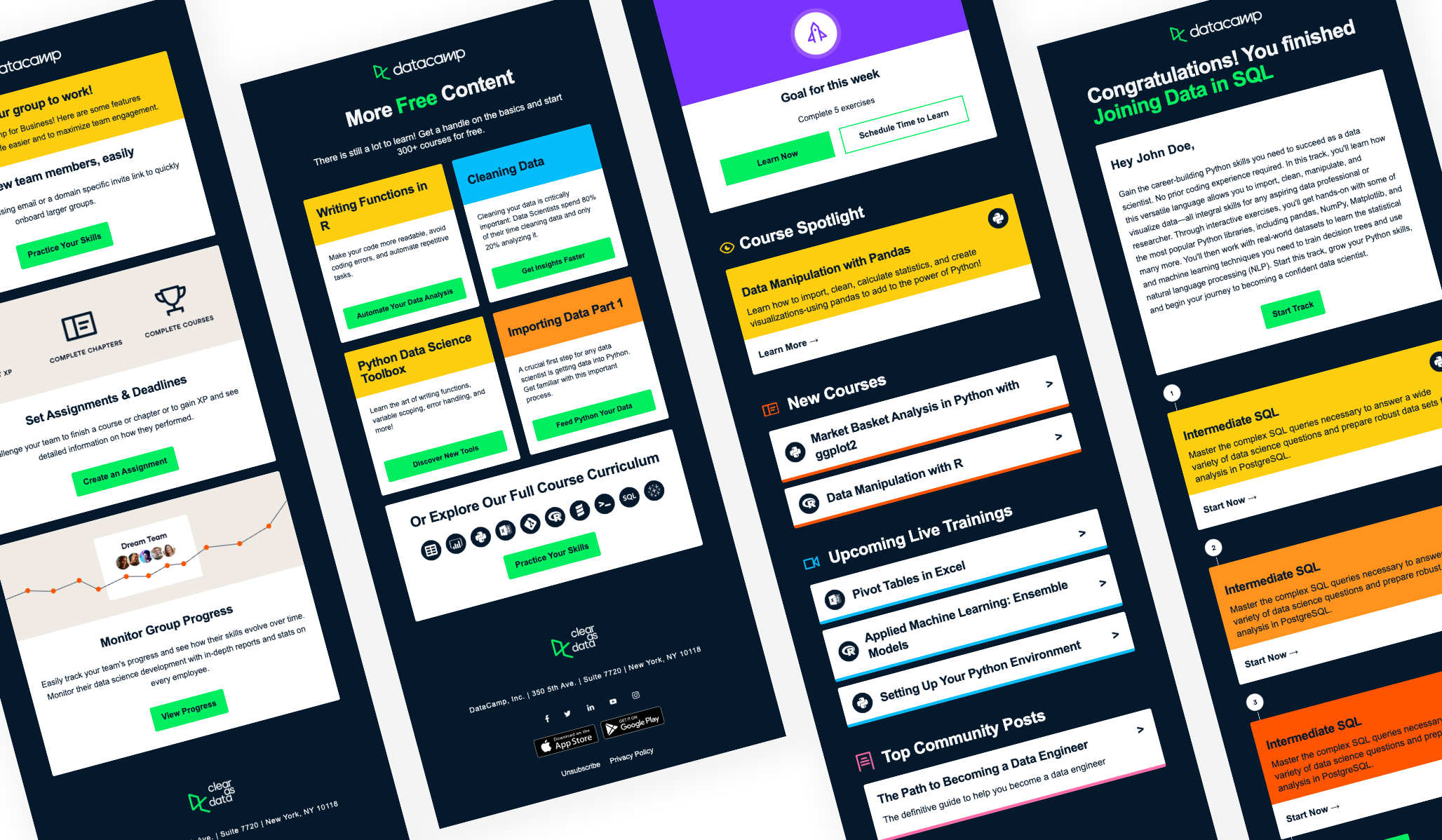 Four DataCamp emails: Group Admin Onboarding, Convert, Weekly Goals newsletter and Track Welcome