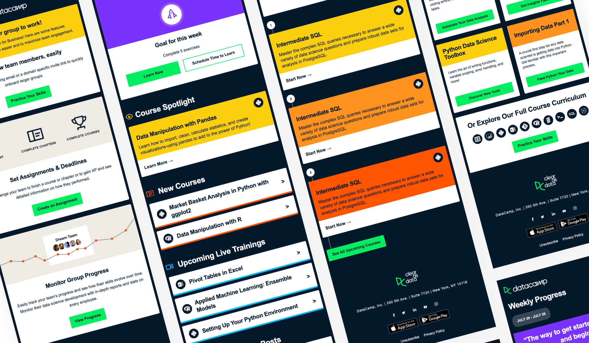 Four DataCamp emails: Group Admin Onboarding, Convert, Weekly Goals newsletter and Track Welcome